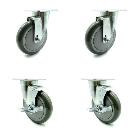 Service Caster SCC 5" x 1.25" Gray Polyurethane Wheel Caster -2 Swivel/2 Swivel w/Brakes, 4PK SCC-20S514-PPUB-TPU1-2-TLB-2
